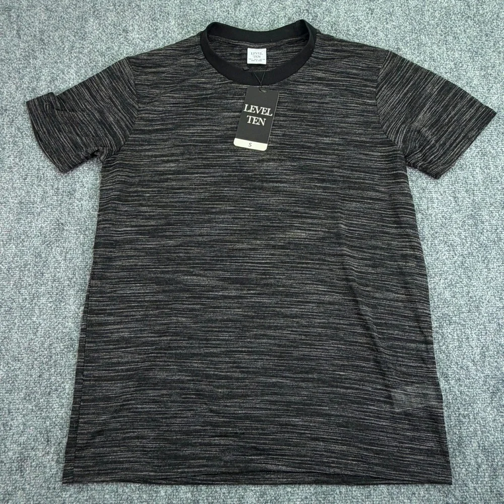Level Ten T Shirt Mens Small Black Melange Knit Short Sleeve Poly Viscose NWT